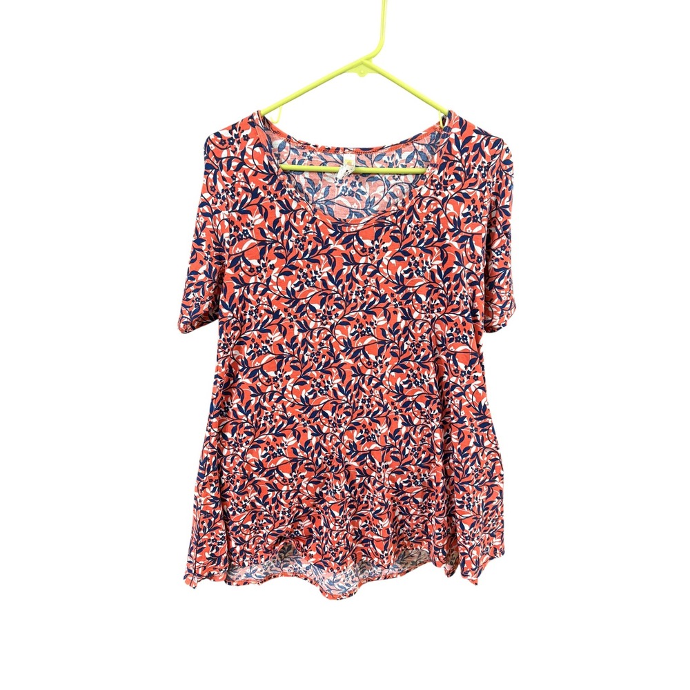 LuLaRoe Womens XS Coral Navy Blue Floral Vine Scoop Neck Short Sleeve Top USA